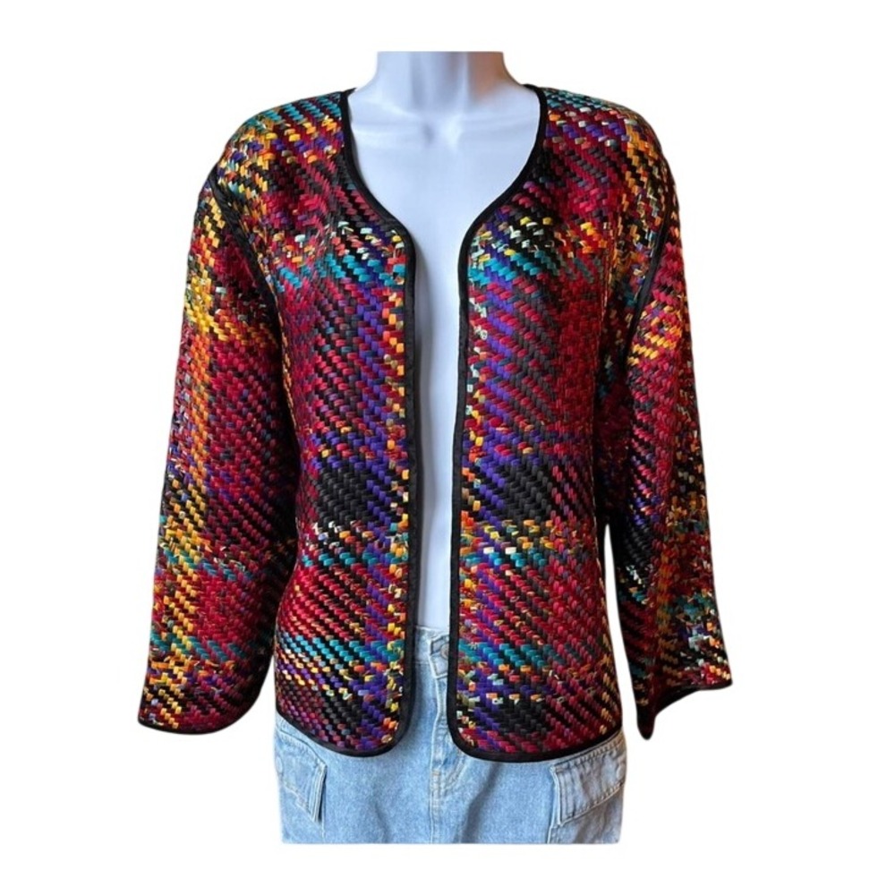 Chico's Vintage Medium Multicolor Woven Plaid Open Front Blazer Jewel Tones
